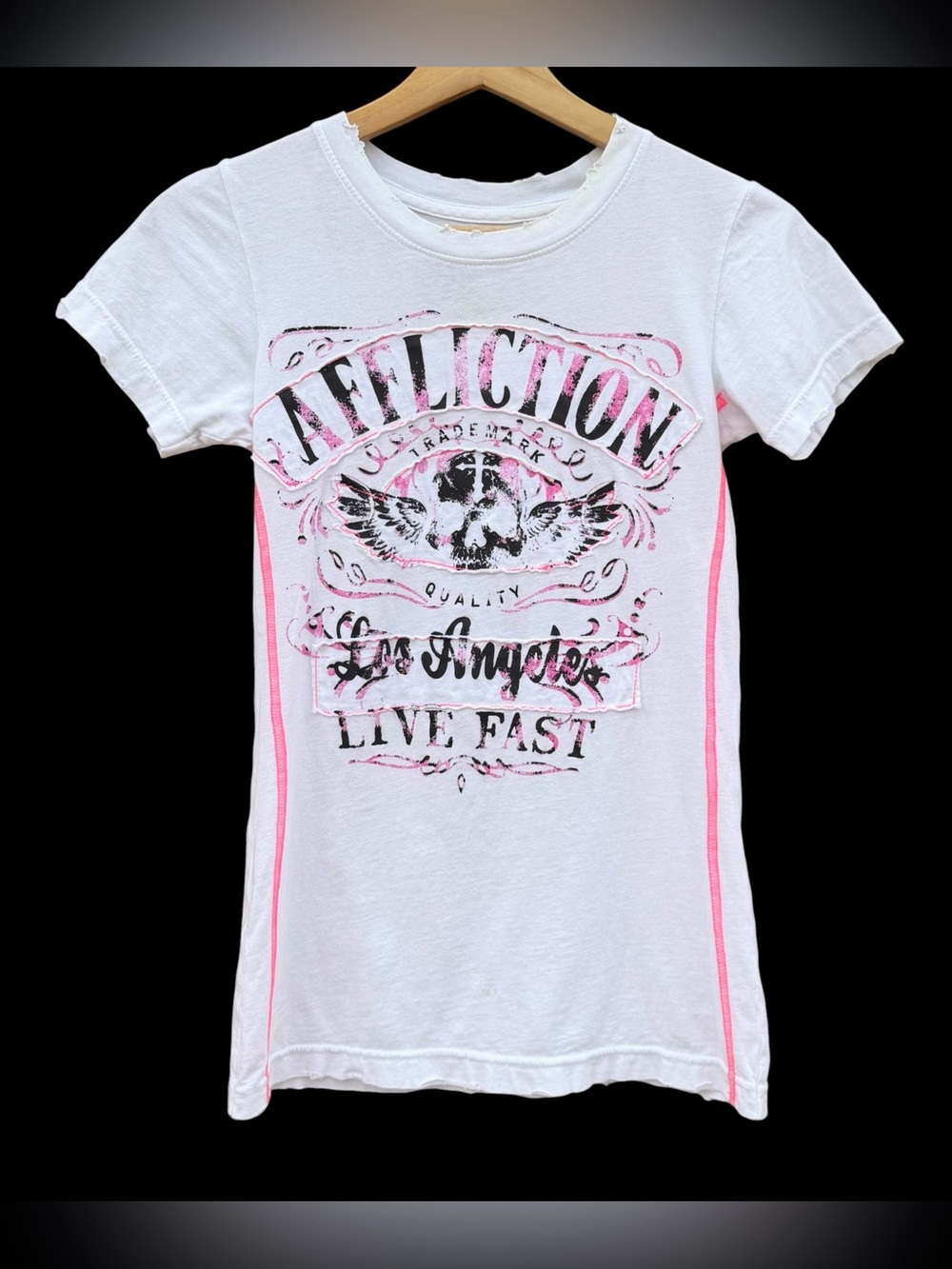 Y2K Affliction Skull Distressed T-Shirt Women’s Small White Studded Grunge
